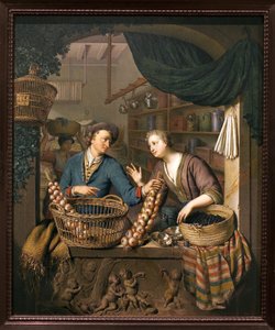 Vendedor de cebolas. Pintura de Willem van Mieris (1662-1747), óleo sobre madeira