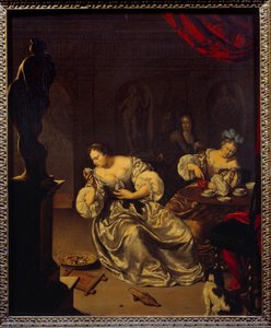 As mulheres da nobreza holandesa a tomar o chá. Pintura de Willem van Mieris (1662-1747) (ec.holl.) Sol do século XVIII. 0,42x0,34 m