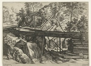 Paisagem montanhosa com aqueduto de madeira Paisagens italianas (título da série) de Willem van Nieulandt (II)