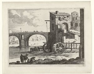 Ponte e moinho de água Paisagens italianas (título da série) de Willem van Nieulandt (II)