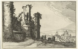 Vista de Roma do Monte Pincio Ruínas romanas e paisagens costeiras (série 1) (título da série) de Willem van Nieulandt (II)