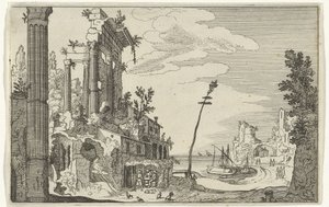 Ruínas romanas à beira-mar Ruínas romanas e paisagens costeiras (série 1) (título da série) de Willem van Nieulandt (II)