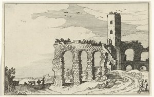 ruína do aqueduto Ruínas romanas e paisagens costeiras (série 1) (título da série) de Willem van Nieulandt (II)