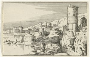 Cidade com torres na beira-mar
Ruínas romanas e paisagens costeiras (série 1) (título da série) de Willem van Nieulandt (II)
