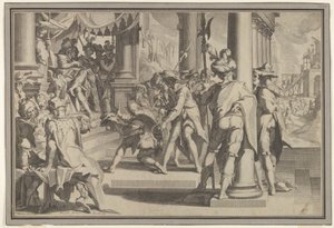 Alegoria da Justiça Santidade da Lei com uma cena do tribunal retratando um homem sendo perdoado..., 1605. de Willem van Swanenburg