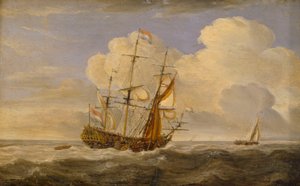 Um barco holandês perante o vento, finais do século XVII a princípios do século XVIII (óleo sobre painel) de Willem van de II (follower of) Velde