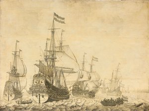 Paisagem marítima com os homens de guerra holandeses, incluindo o Drenthe e o príncipe Frederick-Henry de Willem van de Velde (I)
