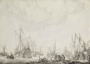 Os iates reais e estatais, possivelmente a chegada de Carlos II da Inglaterra em Moerdijk, 1660 de Willem van de Velde (I)