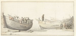 Estudo de dois barcos de pesca com números de Willem van de Velde (II) (attributed to)