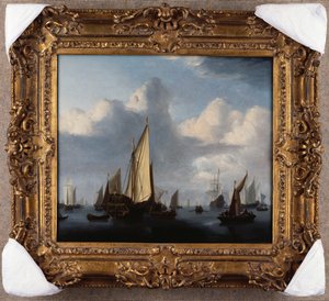 Uma paisagem marítima com um iate dos Estados e outras remessas em uma calma, 1654 de Willem van de Velde
