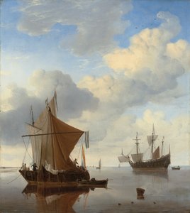 Uma calma - um smalschip e um kaag ancorado com uma guerra man-o "inglesa além
