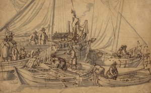 Figuras a bordo de pequenos navios mercantes, c.1650-5 (caneta, tinta marrom e desenho de lavagem) de Willem van de Velde
