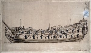 Navio britânico de quarta classe, com 42 canhões, construído por volta de 1675. Desenho a tinta de Willem van de Velde, o Jovem (1633-1707)