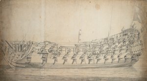 Retrato do navio "Grafton", de terceira classe, construído em 1679 e reconstruído em 1700, c.1680 (grafite, lavagem cinzenta)