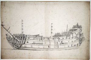 Retrato do navio "Triunfo" (ou "São Jorge"), 70 canhões, construído em 1623, com uma figura de proa representando Neptuno e dois cavalos-marinhos, com três conveses completos