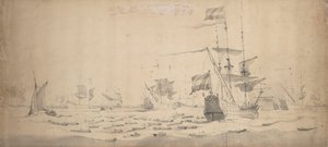 Uma frota holandesa deitada ao sabor da brisa: um conselho de guerra, c.1665 (grafite, lavagem a cinzento) de Willem van de the Elder Velde