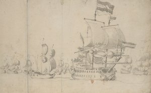 Um navio de bandeira holandês com um navio de expedição a seu bordo, maio de 1672, c.1672 (lápis, aguada) de Willem van de the Elder Velde
