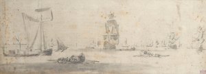Um galliot em ares ligeiros e várias barcaças, c.1681 (grafite, lavagem a cinzento) de Willem van de the Elder Velde