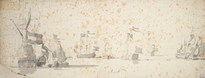 Um iate dos Estados Unidos e navios holandeses ancorados, c.1664 (grafite, lavagem a cinzento) de Willem van de the Elder Velde