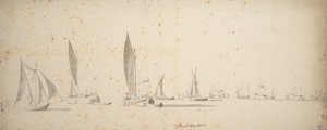 Um barco de calado, wijdschips e waterschips numa brisa ligeira, c.1664 (grafite, lavagem a cinzento) de Willem van de the Elder Velde