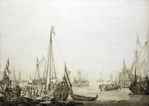 Uma variedade de navios num porto apinhado de gente, esta pintura está historicamente associada à viagem de Carlos II de Inglaterra (1630-1685) a Haia (Holanda) em 1660, durante a restauração do seu poder sobre o trono inglês de Willem van de the Elder Velde