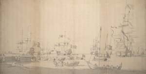 Um weyschuit a ser puxado para terra num porto cheio de gente, c.1672 (grafite) de Willem van de the Elder Velde