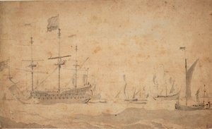 Um navio almirante inglês ancorado, possivelmente em junho de 1673, c.1673 (lavagem a cinzento) de Willem van de the Elder Velde