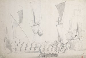Um inglês de quarta classe em ares ligeiros, c.1681 (grafite, lavagem a cinzento) de Willem van de the Elder Velde