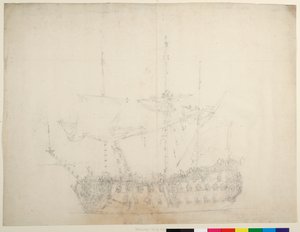 Um navio inglês de terceira classe, com 60 canhões, visto de perto na proa a bombordo, c.1673 (offset) de Willem van de the Elder Velde