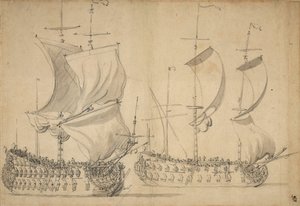 Uma embarcação inglesa de terceira e quarta classe com vela fácil, c.1677 (lápis, aguada)