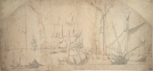 Um iate inglês ancorado a enrolar a vela de Willem van de the Elder Velde