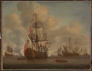 Calmo: um navio inglês de dois andares com as velas soltas a disparar uma salva de Willem van de the Elder Velde