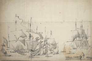 Navios de combate holandeses a secar as velas, c.1658 (grafite, lavagem a cinzento) de Willem van de the Elder Velde