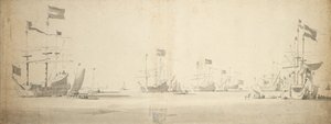 Navios de bandeira holandeses ancorados com embarcações ao lado, c.1664 (grafite, lavagem a cinzento) de Willem van de the Elder Velde