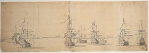 Navios holandeses ancorados ao largo de uma costa baixa, c.1658 (grafite, lavagem a cinzento) de Willem van de the Elder Velde