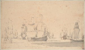 Navios ingleses, um ketch e um galliot numa brisa ligeira, junho de 1673, c.1673 (lápis, aguada, caneta, tinta castanha) de Willem van de the Elder Velde