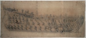Retrato do navio "London", construído em 1670, um navio de primeira classe com 96 canhões. Desenho e têmpera por volta de 1676, por Willem van de Velde l