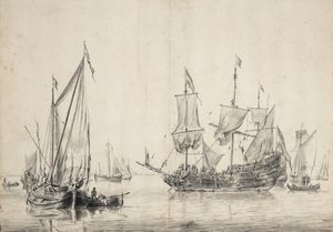 Barcos à vela e uma fragata holandesa a secar as velas. Desenho e lavagem (26x37 cm), de William van de Velde l