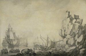 Navios e milícias por uma costa rochosa, c.1680 (caneta e tinta sobre tela preparada) de Willem van de the Elder Velde