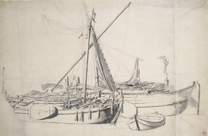 Estudo de um damlooper e de um smalschip deitados um ao lado do outro, c.1665 (grafite, lavagem cinzenta) de Willem van de the Elder Velde