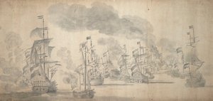 A Batalha de Solebay, 28 de maio-7 de junho de 1672 (grafite) de Willem van de the Elder Velde