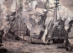 The Battle of the Sound entre as frotas holandesa e sueca, 8 de Novembro de 1658. Detalhe - Pintura a óleo e tinta