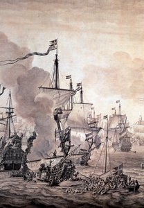 The Battle of the Sound entre as frotas holandesa e sueca, 8 de Novembro de 1658. Detalhe - Pintura a óleo e tinta