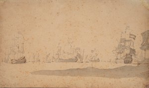 A frota neerlandesa deitada, provavelmente em maio de 1672, c.1672 (grafite, lavagem a cinzento) de Willem van de the Elder Velde