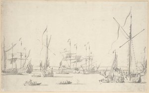 Os iates e os navios ancorados perto de Sheerness, c.1677 (grafite, lavagem a cinzento) de Willem van de the Elder Velde
