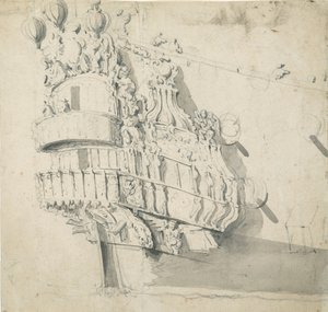 A popa do "Hampton Court", c.1685 (grafite, lavagem a cinzento) de Willem van de the Elder Velde