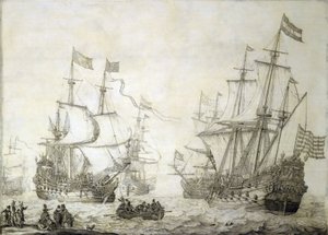 Dois navios mercantes da Companhia Holandesa das Índias Orientais, deixando a costa com ventos calmos. Grisaille sobre madeira de Willem van de the Elder Velde