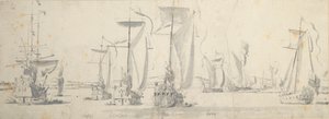 Visita de Carlos II ao "Tiger" em Woolwich: Os iates a contornar uma curva do rio de Willem van de the Elder Velde