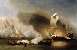 Uma ação na costa da Barbária com galés e navios ingleses, c.1695 (óleo sobre tela)