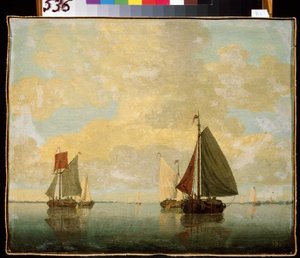 Barcos à vela. Pintura de Willem van de Velde, o Jovem (1633-1707). Óleo sobre tela, 24,5 x 32,5 cm, final do século XVII. Arte flamenga, estilo barroco. Museu Hermitage, São Petersburgo.